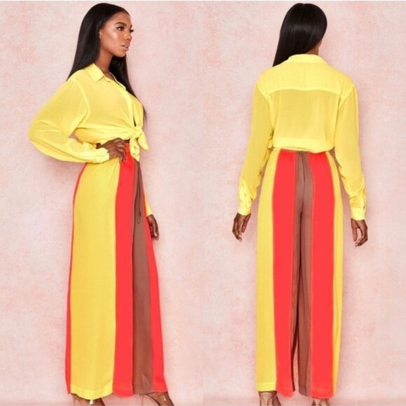 NWT House of CB Margot Wide Leg Stripe Pants XS Yellow Neon Coral Sheer Cover Up - Picture 2 of 11